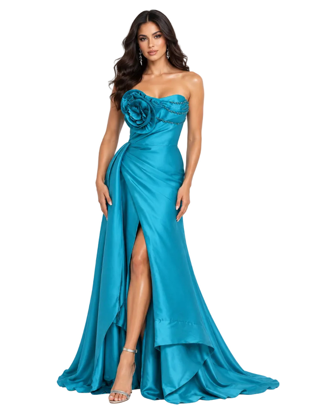 Terani Couture RN95375 Turquoise Strapless Floral Evening Gown – Size 4